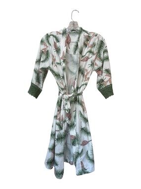 Tropical Leaf Kimono Duster Boho Lounge Robe Green Size L